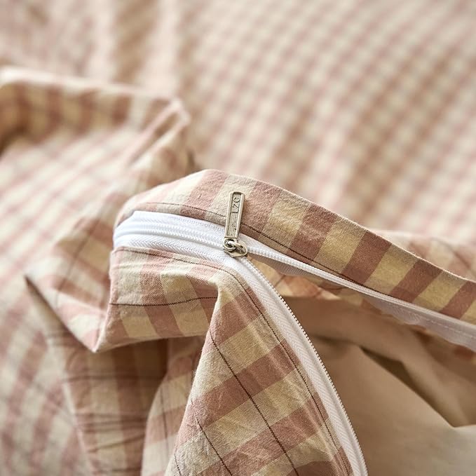 EAVD Vintage Style Pink&Tan Plaid Duvet Cover Twin Soft 100% Washed Cotton Chic Checkered Gingham Bedding Set with 2 Pillowcases Farmhouse Gingham Duvet Cover with Zipper Closure