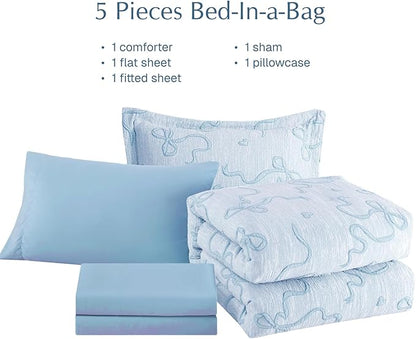 Geniospin Light Blue Twin Comforter Set for Girls- 5 Pieces Bowknot Jacquard Bed in A Bag Twin Bedding Sets with Sheets, Pillowcases & Shams, All Season Kids Comforter Set