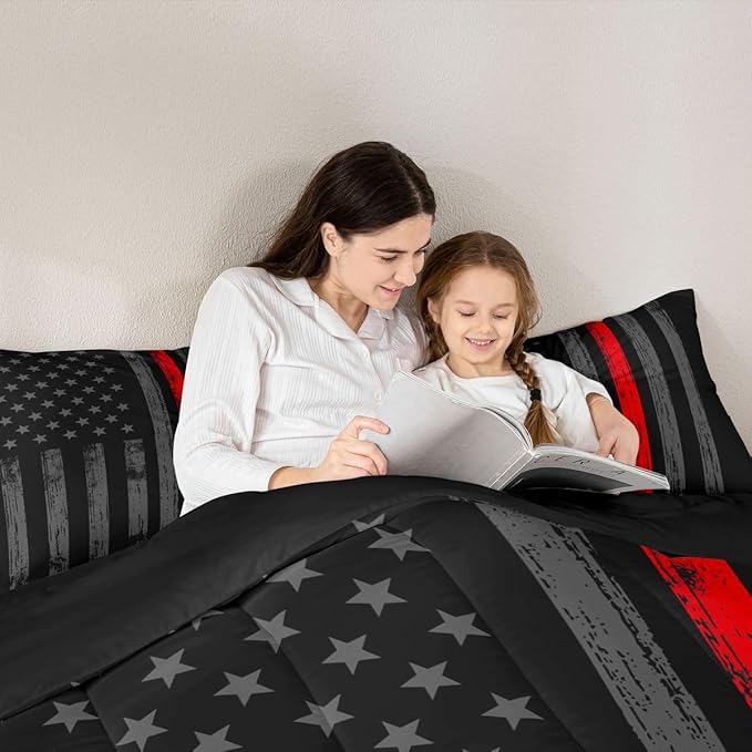 Erosebridal American Flag Comforter Set Full Black Grey Red Line Flag Bedding Set for Men Boys Kids Girls Novelty Star Stripe Down Comforter Retro Vintage Flags Bedding Sets & Collections