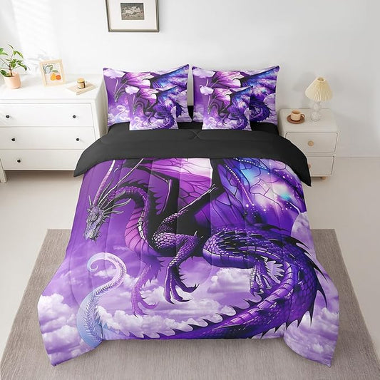 Erosebridal 3D Dragon Bed in a Bag King Size Comforter Set 7 Pieces,Fantasy Dragon Wings Vintage Gothic Bedding Sets Prehistoric Wildlife Sheet Set with Comforter