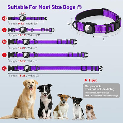 Taglory AirTag Dog Collar with Waterproof Holder for Large Dogs, Purple, L | Reflective for Night Walks & Low-Light Safety, Track Your Pup Peace of Mind, Adjustable Soft Padded, No More Dangling Tags