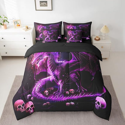 Castle Fairy 3D Dragon Comforter Set,Gothic Halloween Skull Bedding Set for Kids Boys Girls Room Decor,Western Dragon Animal (Comforter+Fitted+Flat Sheet+2 Pillowcases+2 Throw Pillow Covers