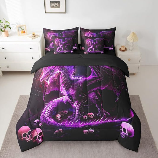 Castle Fairy 3D Dragon Comforter Set,Gothic Halloween Skull Bedding Set for Kids Boys Girls Room Decor,Western Dragon Animal (Comforter+Fitted+Flat Sheet+2 Pillowcases+2 Throw Pillow Covers