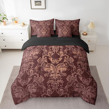 Erosebridal Gothic Damask Bed in a Bag King Size Comforter Set 7 Pieces,Butterfly Skull Bedding Sets Brown Victorian Floral Goth Sheet Set with Comforter