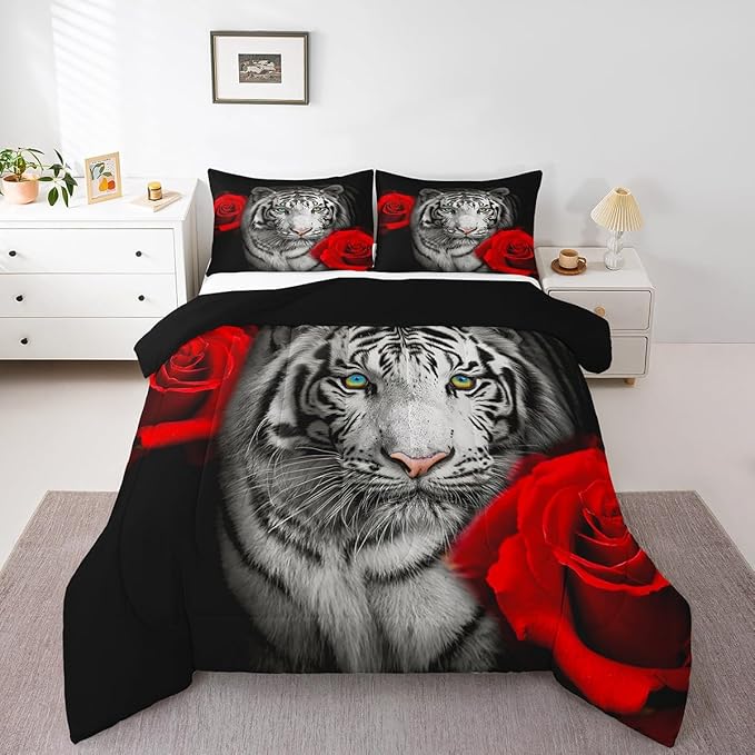 Castle Fairy Tiger Flower Bedding Set King Size 3D Africa Tiger Animal Comforter Set for Kids Teens Room Decor Red Rose Floral Duvet Insert Tiger Wildlife Down Comforter Set,3Pcs