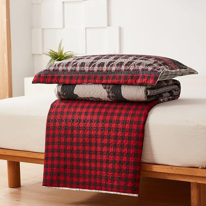 Ycosy King Size Quilt Set Bedding Rustic Lodge Bedspread Set Queen Red Black Buffalo Plaid Quilt Reversible Bedspread Coverlet Lightweight Quilt Bedding Moose Bear Country Cabin Coverlet