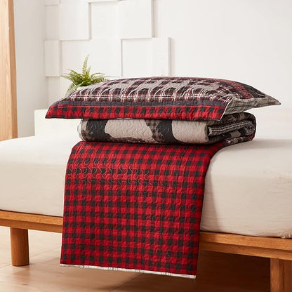 Ycosy Moose Bear Quilt Set Twin Size Plaid Bedding Red Black Patchwork Rustic Quilts Reversible Lodge Bear Bedspread Geometric Cabin Coverlet Lightweight Bedcover Woodland Decor(68"x 86")