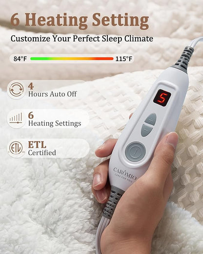 CAROMIO Heated Blanket Throw, Waffle Weave Electric Throw Blanket Fast Heating with LCD Controller, 6 Heat Levels & 4 Hour Auto Shut Off, ETL Certified, Machine Washable, Beige, 50" x 60"