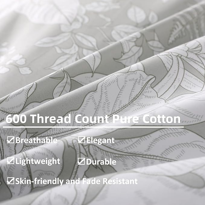 OAITE Duvet Cover Set King Size Floral Pattern 600 Thread Count Ultra Soft 100% Long Staple Cotton Duvet Cover Sets 3-PC, Breathable Duvet Cover with Zipper Closure & Corner Ties