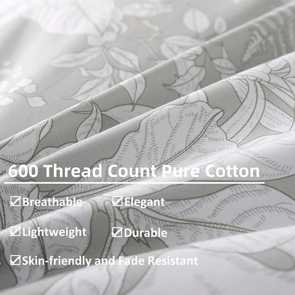 OAITE Duvet Cover Set Queen Size Floral Pattern 600 Thread Count Ultra Soft 100% Long Staple Cotton Duvet Cover Sets 3-PC, Breathable Duvet Cover with Zipper Closure & Corner Ties