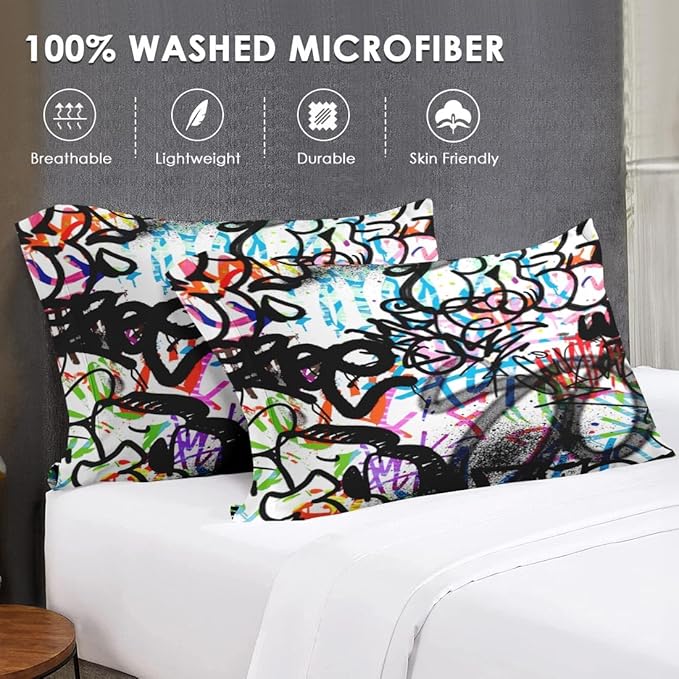 5 Pcs Twin Size Comforter Set with Pillowcase & Sham, Abstract Graffiti Bedding for Kids and Adults, Urban Modern Fashion Bed in a Bag with Flat Fitted Sheet
