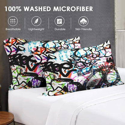 7 Pcs Queen Size Comforter Set with 2 Pillowcases & 2 Shams, Urban Modern Fashion Bedding for Kids and Adults, Abstract Graffiti Bed in a Bag with Flat Fitted Sheet