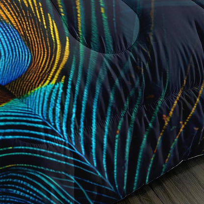 Peacock Feather Queen Bedding Set - Boho Comforter for Girls, Bohemian Gothic Decor, Western Hippie Animal Print Black