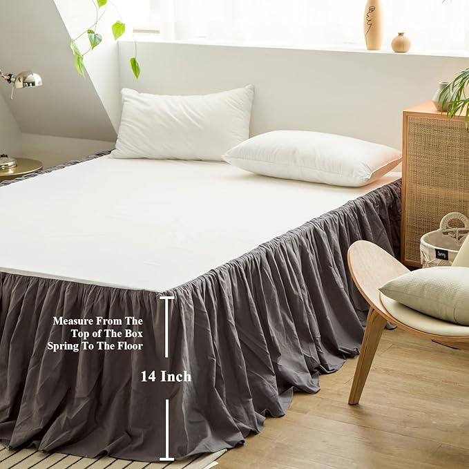 BISELINA French Linen Bed Skirt with Pleated Frills 14-Inch Tailored Drop Natural Flax Cotton Blend Dust Ruffle Soft Cozy Farmhouse Bedding (14" Full, Ruffle Dark Grey)