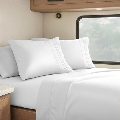 Clara Clark RV Queen Sheets, 6 Piece RV Sheets Set - Hotel Luxury Sheets for RV Bunks, Super Soft Bedding Set, Short Queen,White