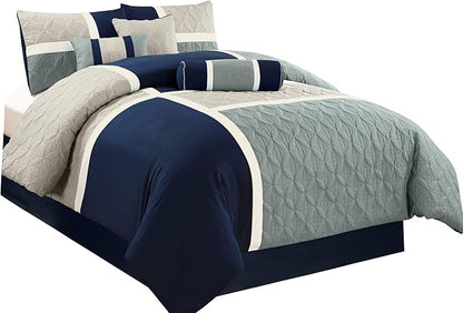 Chezmoi Collection Upland 7-Piece Quilted Patchwork Comforter Set, Navy/Blue/Gray, Full