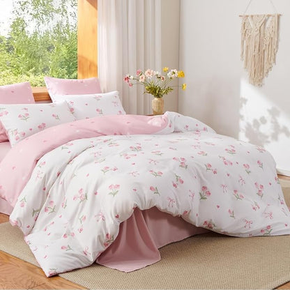 Floral Comforter Set Full Size - 3 Pieces Pink White Floral Tulips Bow Comforter Bedding Sets Reversible Pattern,Full Bed in a Bag with Flowers Comforter and 2 Pillowcases