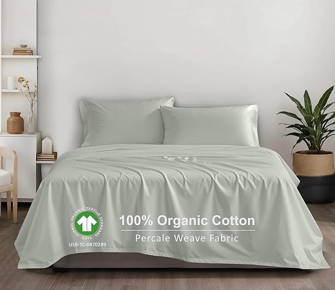 RUVANTI 100% Organic Cotton Sheets California King, Percale Weave, GOTS Certified, 4-Piece Set, Deep Pocket 13", Crisp & Breathable, Soft Durable Bedding, Sábanas Algodón Orgánico – Mineral Gray