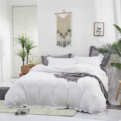 CLOTHKNOW White Ruffle Queen Comforter Set Farmhouse Bedding Comforter Sets Shabby Chic Comforter Soft Comforter with 2 x Pillow Cases