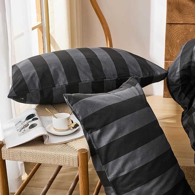 Merryword Black and Gray Striped Duvet Cover Set Queen Size - 100% Cotton Bedding Set with Zipper & Corner Ties, 3-Piece Luxury Linen Like Bedding Set for All Seasons