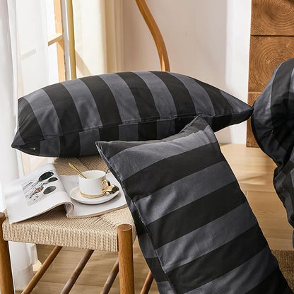 Merryword Black and Gray Striped Duvet Cover Set Queen Size - 100% Cotton Bedding Set with Zipper & Corner Ties, 3-Piece Luxury Linen Like Bedding Set for All Seasons