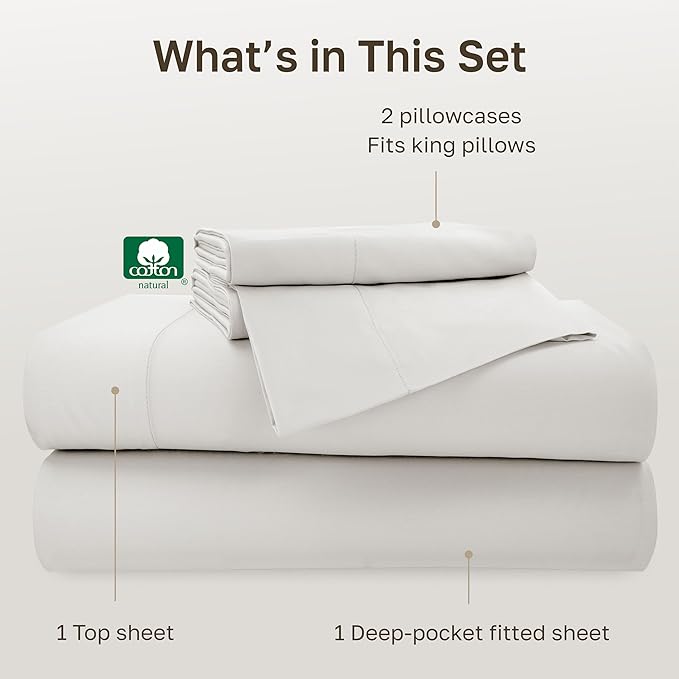 California Design Den 100% Cotton Sheets King Size Set - 500 Thread Count Sateen, Deep Pocket Bedsheets King Size Bed, Soft Luxury - True Ivory