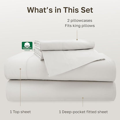 California Design Den 100% Cotton Sheets King Size Set - 500 Thread Count Sateen, Deep Pocket Bedsheets King Size Bed, Soft Luxury - True Ivory