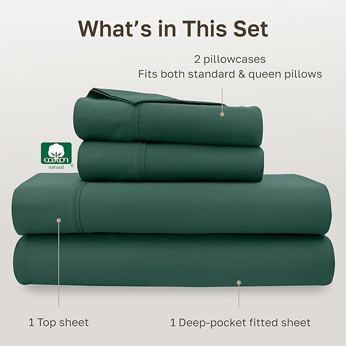California Design Den Natural 100% Cotton Sheets, Soft Queen Sheet Set, 400 Thread Count Sateen, Deep Pockets with All-Around Elastic for a Snug Fit, Durable Bedding Set - Hunter Green