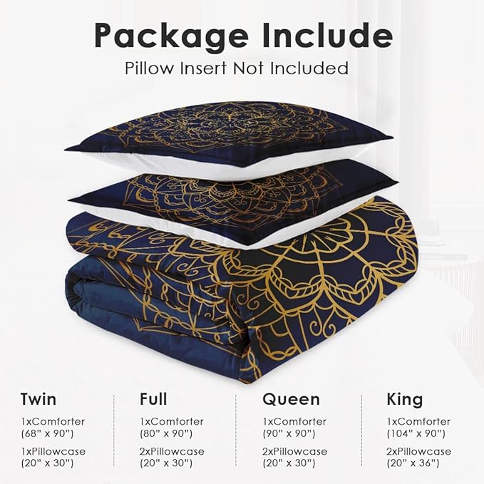 Full Size Comforter Set with 2 Pillowcases, Navy Blue Boho Gold Mandala Soft 3 Pcs Bedding for Kids and Adults Bedroom Bed Decor