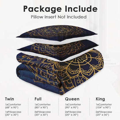 Full Size Comforter Set with 2 Pillowcases, Navy Blue Boho Gold Mandala Soft 3 Pcs Bedding for Kids and Adults Bedroom Bed Decor