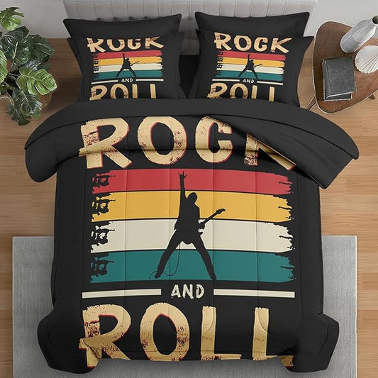 Comforter Set King Size, Rock Roll Music Vintage 7 Pcs Bedding for Kids and Adults, Retro Guitar Disco Bed Sheet Sets with Fitted Sheet 2 Pillowcases & 2 Shams for Bedroom Bed Decor