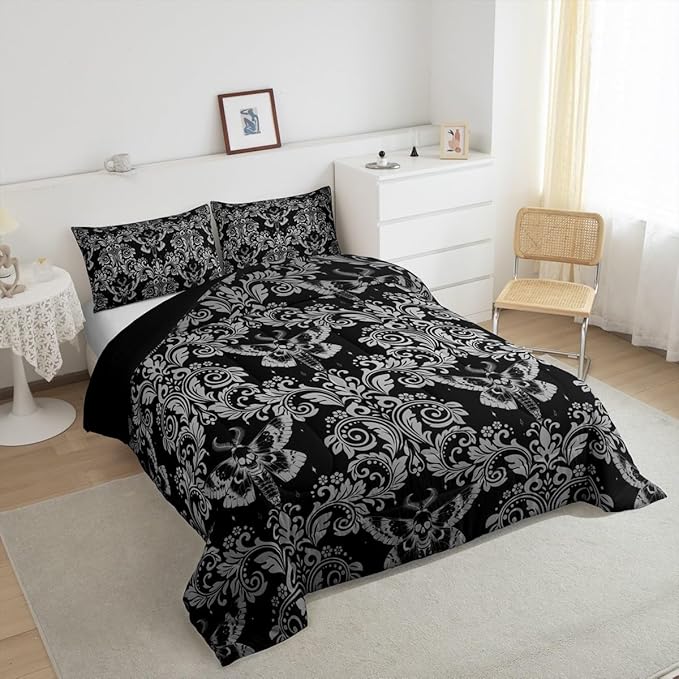 Feelyou Adults White Black Vintage Damask Floral Comforter Set Oriental Antique Comforter King Size Gothic Bohemia Boho Flower Bedding Set Gothic Skull Duvet Set Quilt Set 3Pcs