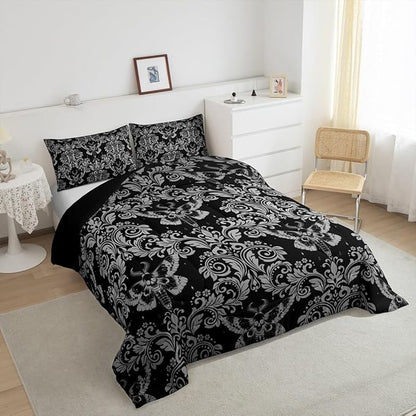 Feelyou Adults White Black Vintage Damask Floral Comforter Set Oriental Antique Comforter Twin Size Gothic Bohemia Boho Flower Bedding Set Gothic Skull Duvet Set Quilt Set 2Pcs