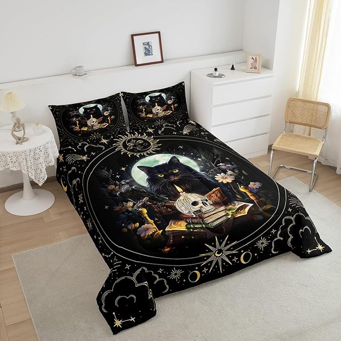 Trippy Cat Comforter Set Twin Size,Sun and Moon Kids Bedding Set Gothic Sugar Skull Crow Print Quilt Set for Girls Boys Adult Room Decor,Exotic Daisy Floral Duvet Insert,1 Pillowcase,Black