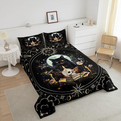 Trippy Cat Comforter Set King Size,Sun and Moon Kids Bedding Set Gothic Sugar Skull Crow Print Quilt Set for Girls Boys Adult Room Decor,Exotic Daisy Floral Duvet Insert,2 Pillowcases,Black