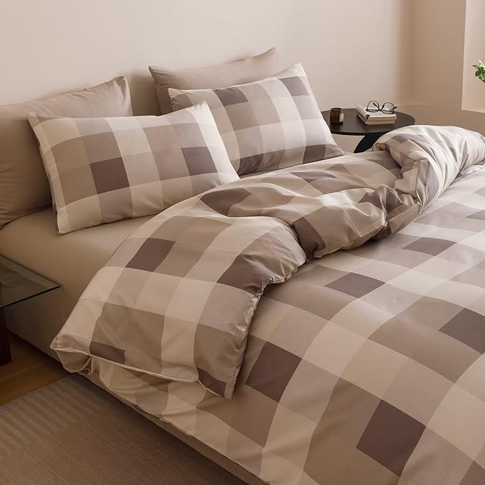 Houseri Coffee Color Plaid Comforter Set Twin Vintage Grid Bedding Sets