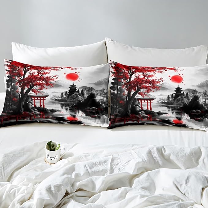 Feelyou Japanese Style Bedding Set King Size Cherry Blossom Duvet Cover for Adult Kids Boys Girls Watercolor Comforter Cover Set Natural Landscape Bedspread Cover 3Pcs Zipper