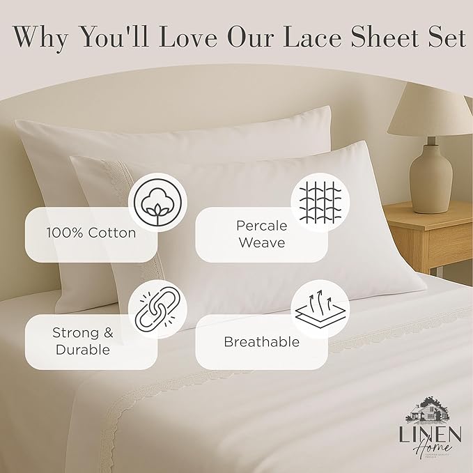 Linen Home 100% Cotton Percale Gardenia Lace Pillowcases Queen/Standard Size, White, 2 Pieces of Pillow Case, Crisp and Cool Strong Bed Linen, 20 inches X 30 inches