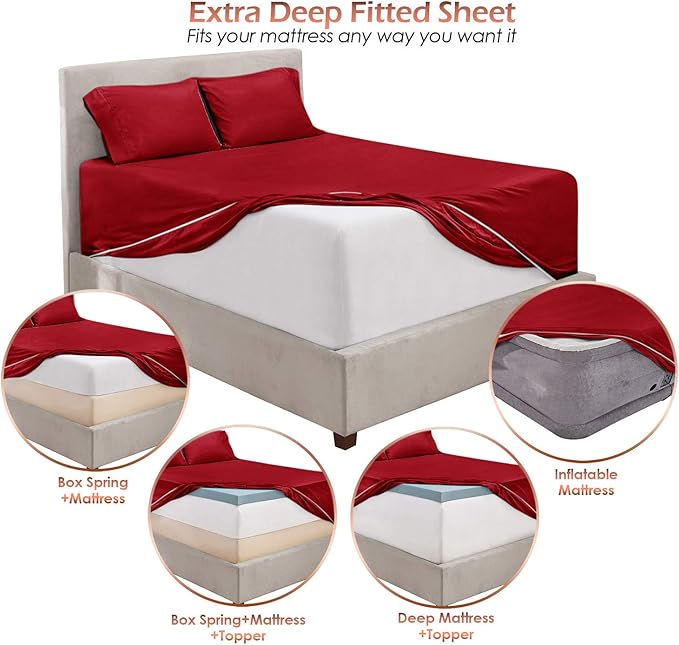 Hearth & Harbor Extra Deep Pocket Queen Sheets Sets - Fits Mattress 18-24 Inches Deep - Extra Deep Pocket Sheets - 6 Piece Queen Size - Burgundy
