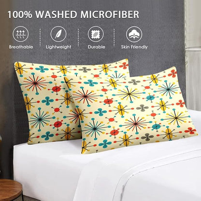 Queen Size Comforter Set with 2 Pillowcases, Mid Century Retro 50S Atomic Soft 3 Pcs Bedding for Kids and Adults Bedroom Bed Decor