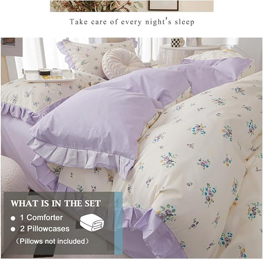 VM VOUGEMARKET Girl's Floral Comforter Set Full Princess Style Ruffle Bedding Comforter Sets,Vintage Farmhouse Purple Flower Comforter with 2 Pillowcases for All Seasons(3pcs,Full)