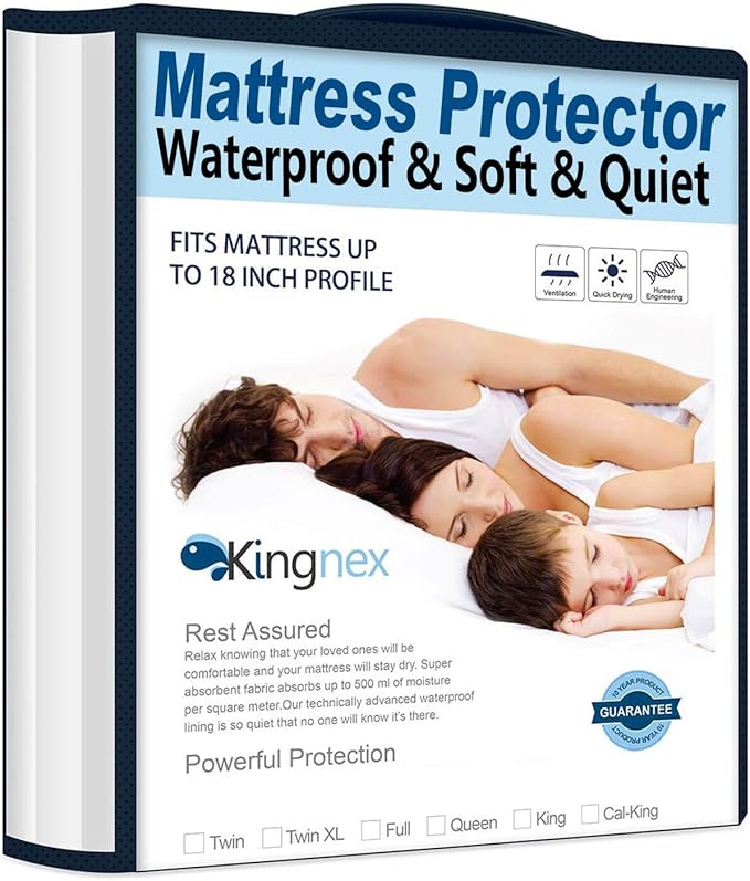 Kingnex Olympic Queen 66 x 80 Waterproof Mattress Protector with Bamboo Viscose Jersey Surface for Super Queen Bed Fitted Sheet Style Cover Olympic Queen