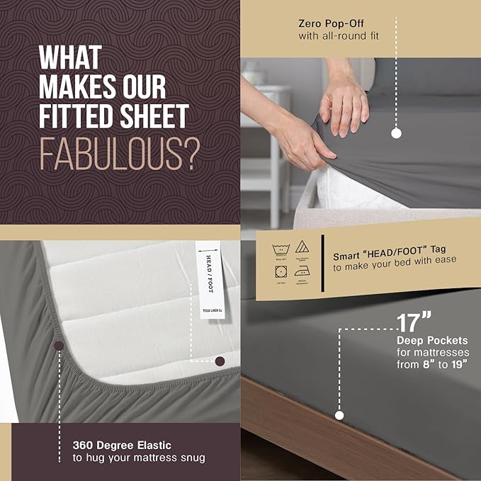 TEXAS LINEN CO. 100% Egyptian Cotton Sheets California King - 2000 Series Luxury Cal King Sheet Set, Soft & Cooling Sateen Weave, 17” Extra Deep Pocket Hotel Collection Sheets (4 Pc, Dark Grey)