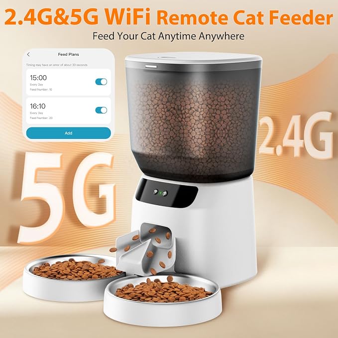 Automatic Cat Feeders WiFi for Two Cats, 5L/20 Cups Double Automatic Cat Food Dispenser with APP Control, 2 Stainless Bowls, Timer Setting 20 Portions 10 Meals Per Day