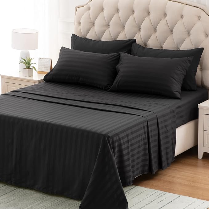 SLEEP ZONE Striped Cooling Sheets Set King Size - Fitted Flat Sheet & Pillowcase Sets 4 Piece - Super Soft Stripe Bed Sheet, Easy Care, Deep Pocket (Black, King)