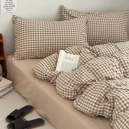 Nayoroom Brown Gingham Comforter Set Full Size Tan Plaid Checkered Comforter 3 Pieces Soft Lightweight Grid Farmhouse Dorm Bedding Set for All Seasons