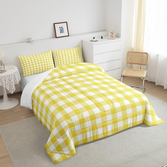 Manfei Yellow Plaid Comforter Set Buffalo Check Plaid Bedding Set Classic Gingham Pattern Bedding Home Decor Yellow White Scottish Comforter Queen Size Quilted Duvet Set 1 Comforter with 2 Pillowcase