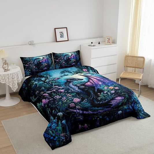 Feelyou Dragon Comforter Set Toddler Size Dragon Stuff Comforter for Boys Girls Teens Wild Life Bedding Set Jungle Dragon Duvet Set Room Decor Balck Blue Quilt Set