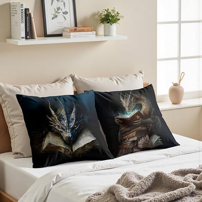 Vintage Magical Black Dragon Reading Book Decorative Throw Pillow Covers 18x18 Set of 2, Fantasy Room Decor for Kids, Gamers, and Bookworms,Reading Nook Decor, Gifts for Bookworm Readers