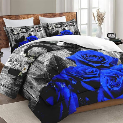 Full Size Comforter Set with 2 Pillowcases, Dark Blue Rose Flower 3 Pcs Bedding for Kids and Adults, Summer Vintage Woodboard Soft Comforter Set for Bedroom Bed Decor
